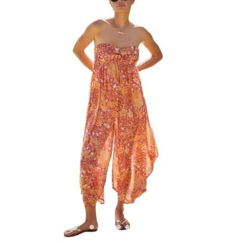 ANTHROPOLOGIE Harem Sleeveless Jumpsuit Mutil Orange Floral Boho Size XL NEW - Picture 12 of 12